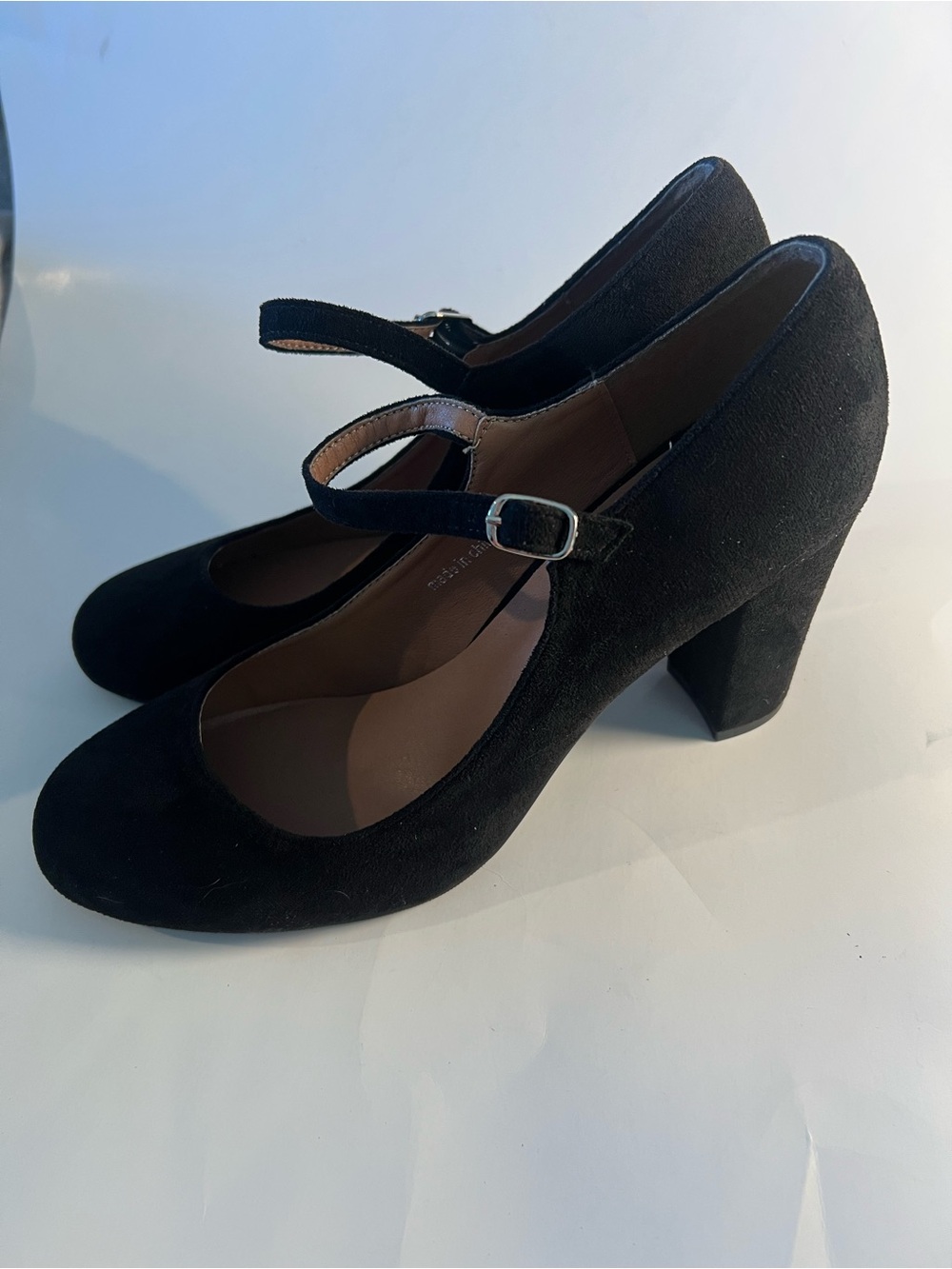 Women's Black Faux Suede Mary Jane Block Heels with Adjustable Strap Size 10.5